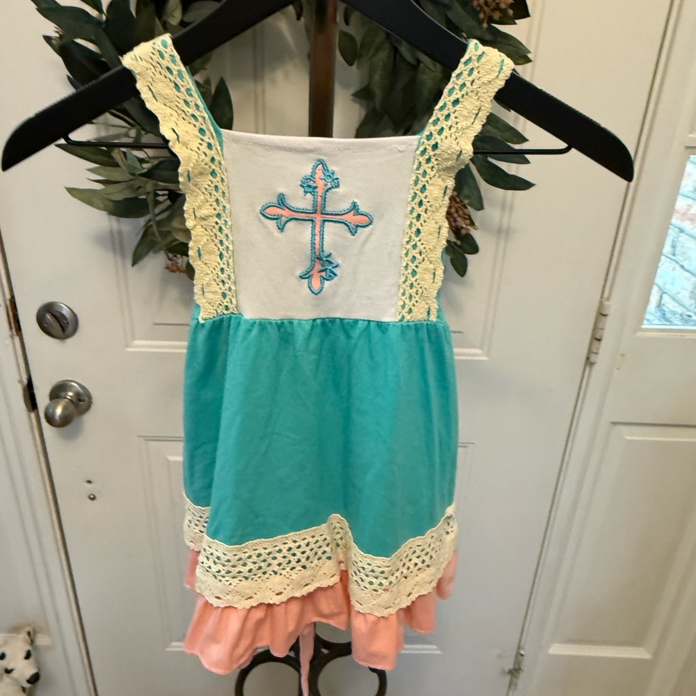 Adorable Embroidered Cross Sundress with Crochet Trim 3T